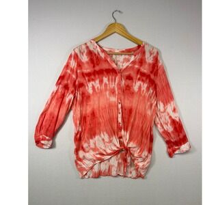 Airy Coastal Grand & Greene Womens Large Coral Tie Dye Front Tie Rayon Blouse